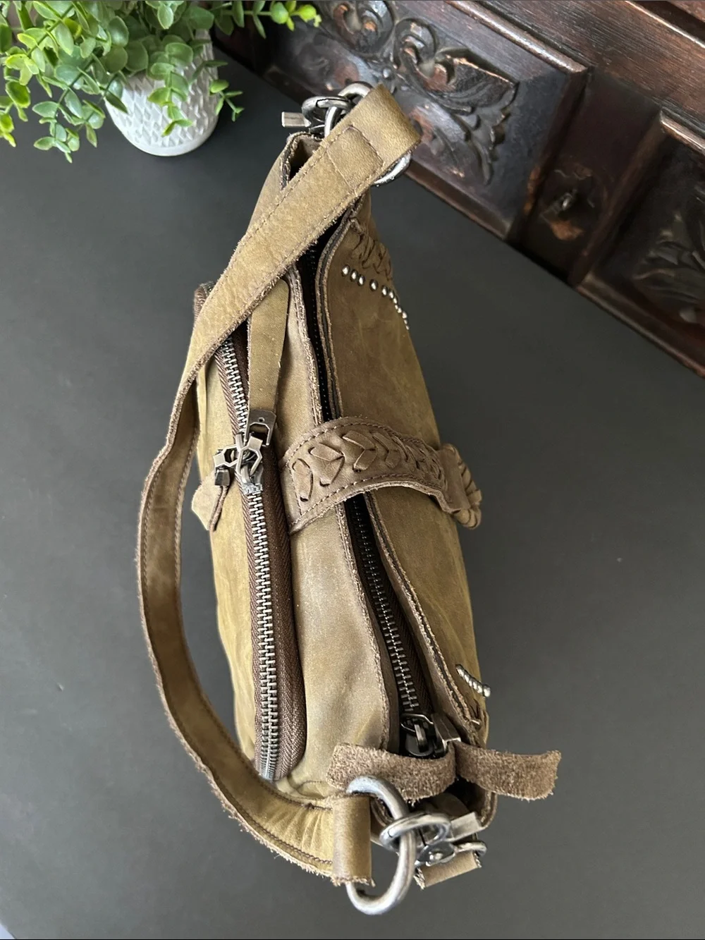 Montana West Taupe/Brown Suede Braided Crossbody Bag